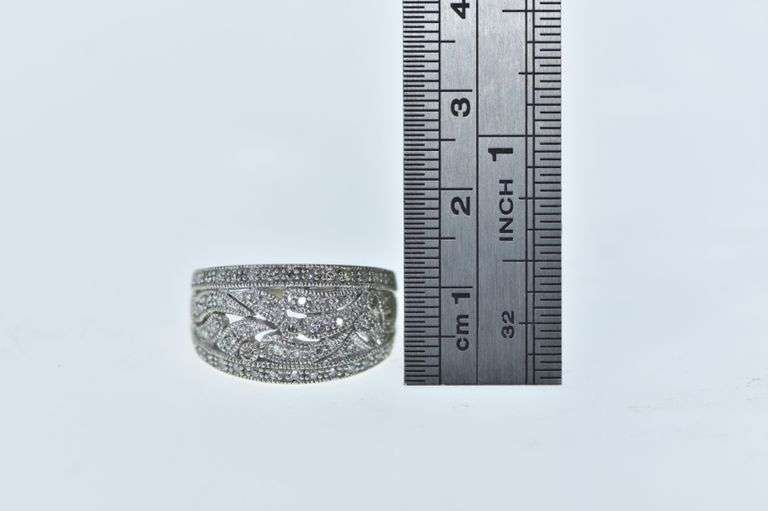 10K White Gold Pave Diamond Encrusted Swirl Band Ring