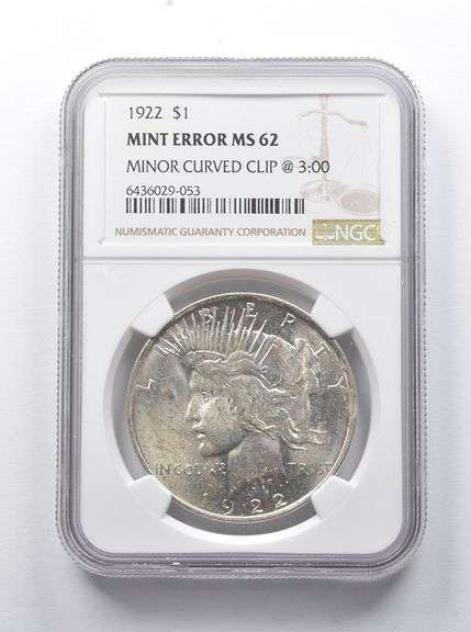 Error MS62 1922 Peace Silver Dollar Minor Curved Clip @ 3:00 NGC