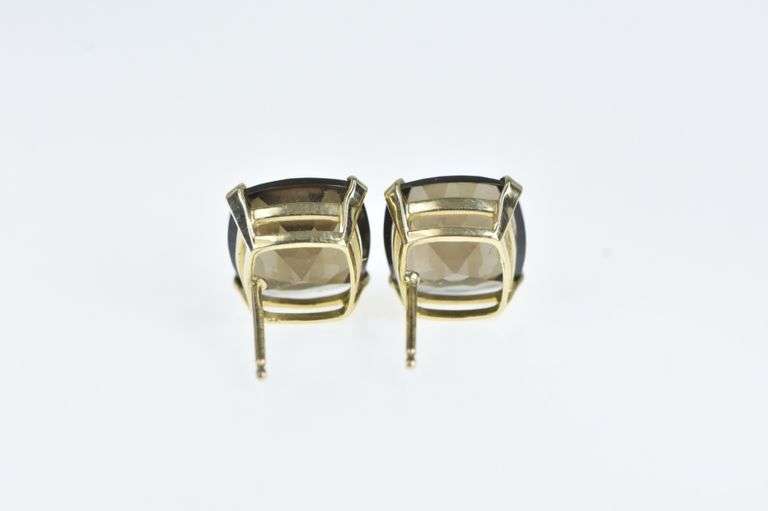 14K Yellow Gold Cushion Smoky Quartz Solitaire Stud Earrings
