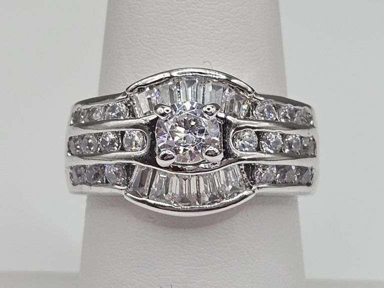 Sharp 14 Kt White Gold Plated Lab Simulated Diamond Ring