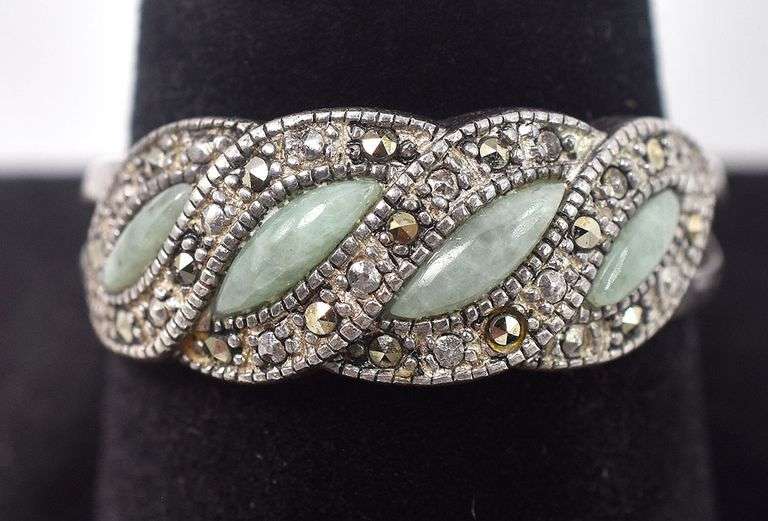 Green Gemstone and Marcasite Gemstone Ring in Sterling Silver