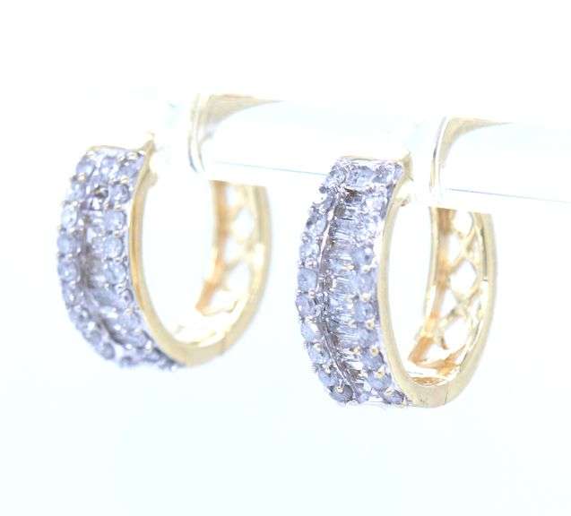 10kt Yellow gold RBC and baguette Huggie hoop earrings