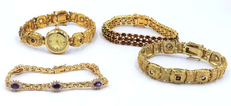 Group lot of 925 sterling silver over gold plated bracelets and watch