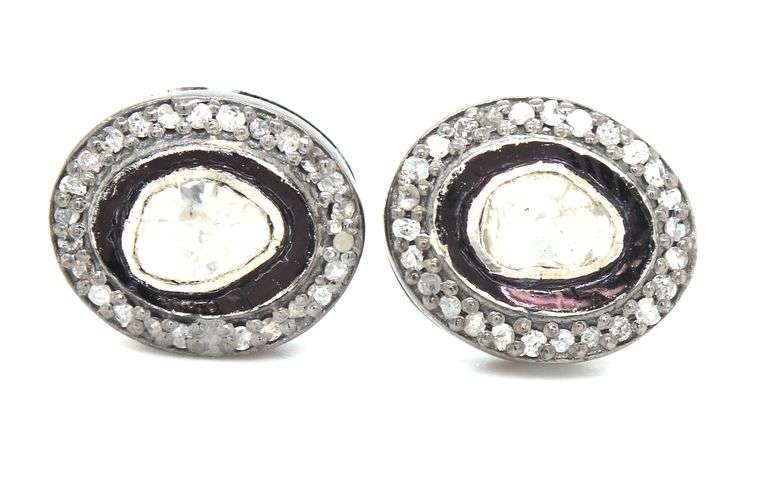 Stunning Mine Cut Diamond Earrings with Dark Silver and Diamond Accents