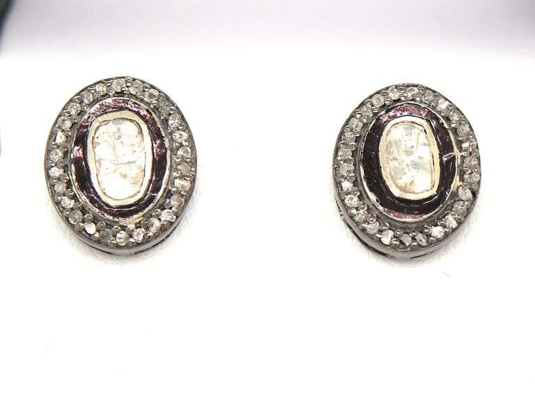 Moody Dark Silver Mine Cut Diamond Earrings with Diamond Accents