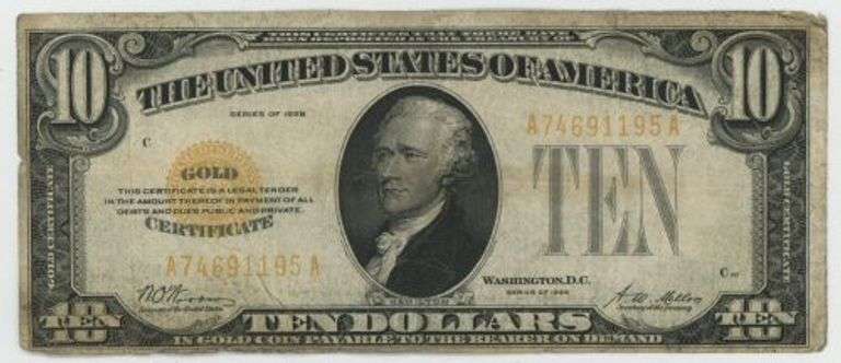 Scarcer Series of 1928 $10 Gold Certificate note. Circ