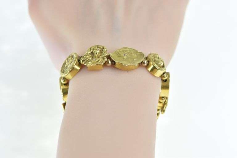 14K Yellow Gold Art Nouveau Diamond Lady Slide Charm Bracelet