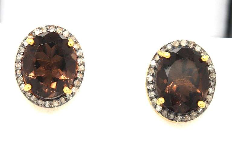 Regal Sepia Quartz Earrings with Gold Plated Silver and Diamond Accents