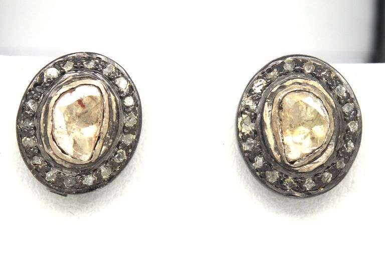 Oval Dark Silver Mine Cut Diamond Earrings with Diamond Accents