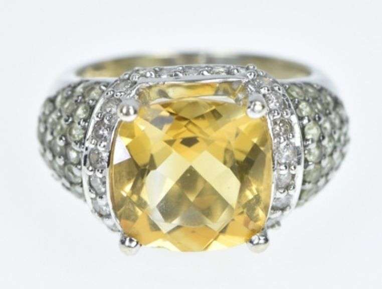 14K White Gold Cushion Citrine Diamond Peridot Cocktail Ring