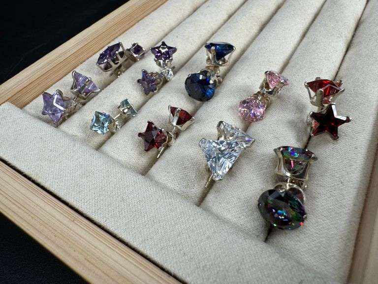 Sterling Silver CZ Earrings Lot of 10 Pairs Various Sizes and Styles