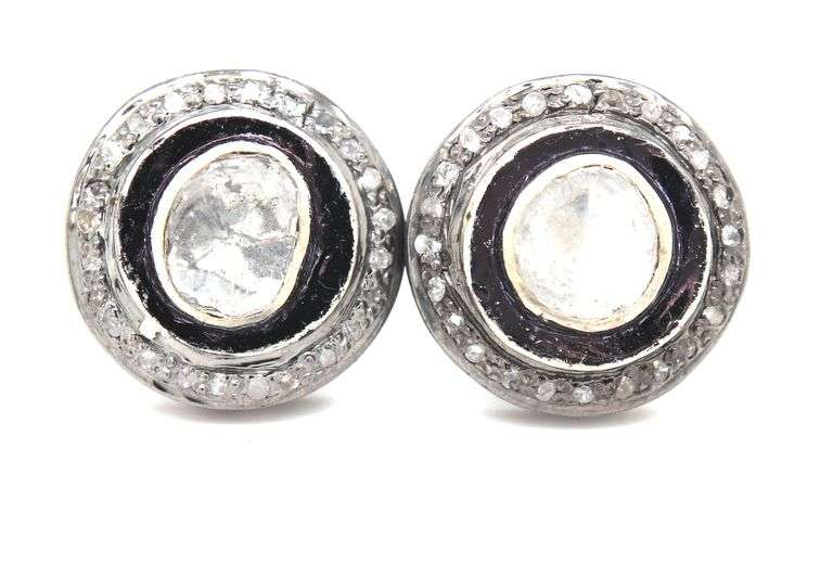 Round Mine Cut Dark Silver Earrings with Diamond Accents
