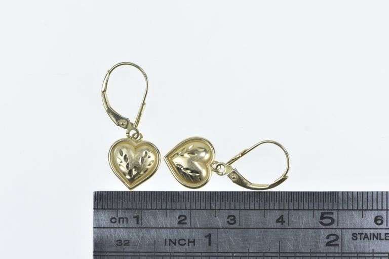 14K Yellow Gold Diamond Cut Heart Love Symbol Dangle Earrings