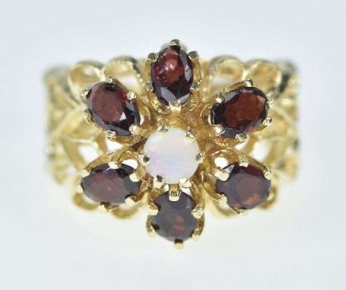 14K Yellow Gold Opal Garnet Halo Cocktail Heart Filigree Ring