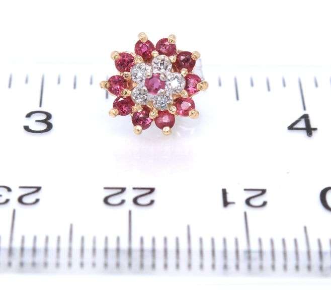 14kt Yellow gold Ruby and diamond flower earrings