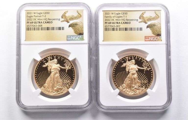 Lot (2) PF69 2021-W $50 American Gold Eagle T-1 & T-2 2022 DC Mint HQ NGC