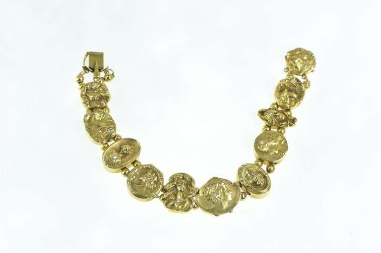 14K Yellow Gold Art Nouveau Diamond Lady Slide Charm Bracelet