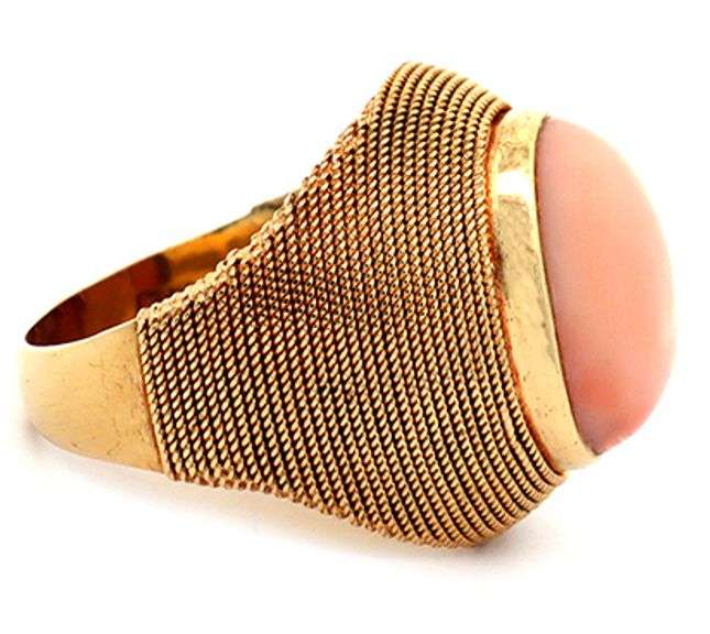 Oval Coral Cabochon Bezel Set Domed Ring in 18K