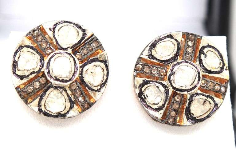 Ritualistic Mine Cut Diamond Quadrant Earrings with Brunt Silver and Diamond Channels