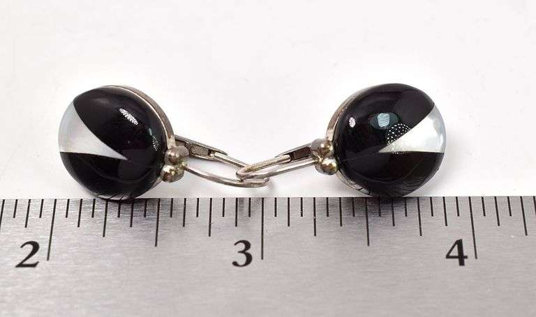 Black Onyx and Mother of Pearl Dangle Earrings in Sterling Silver