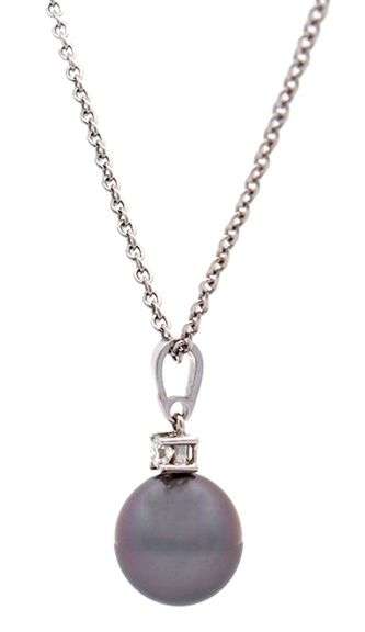 Mikimoto 10.0MM Tahitian Pearl and 0.11ct Diamond Pendant Necklace in 18K W/Pouch and Box