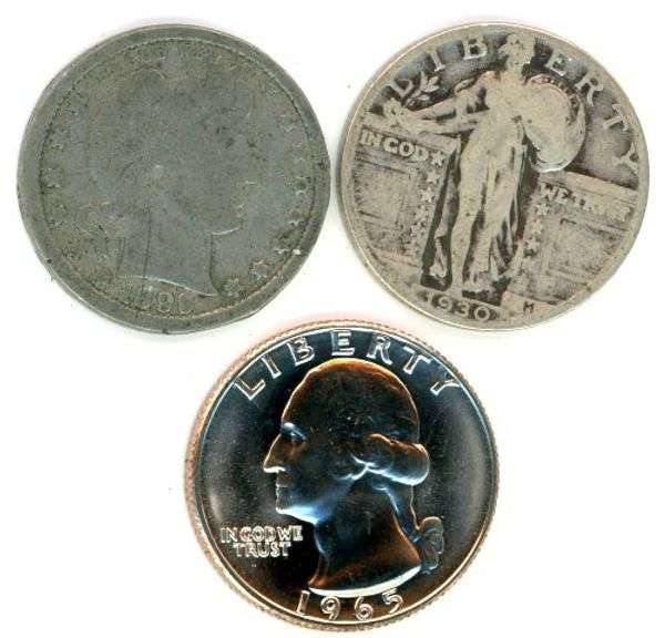 Three Different Types of US Quarters: 1899, 1930, & 1965