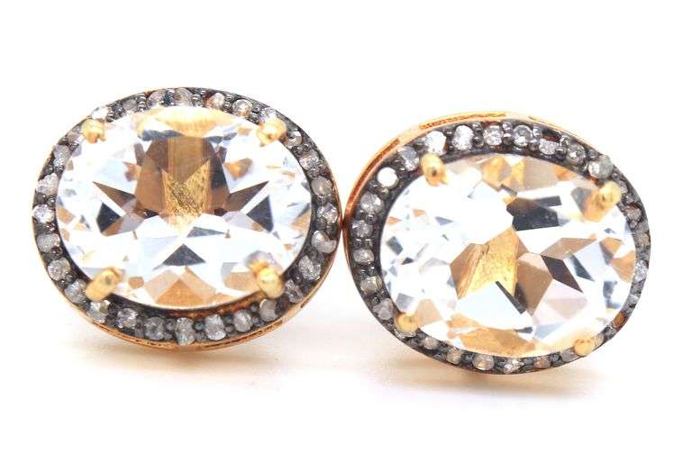 Bright Gold Plated Silver Earrings with Large Quartz and Diamond Accents