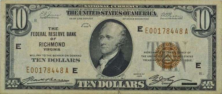 Series 1929 $10 Federal Reserve Bank Note Richmond VA, Circulated.