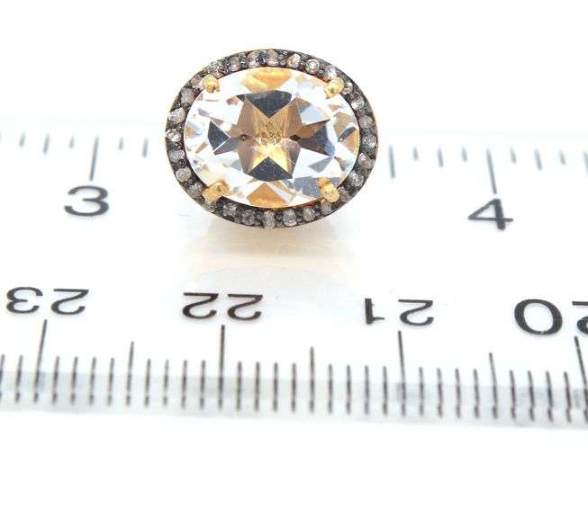 Bright Gold Plated Silver Earrings with Large Quartz and Diamond Accents