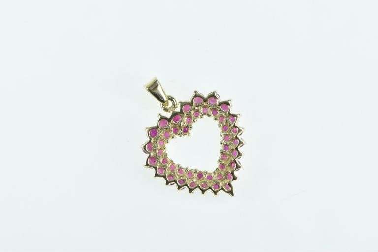 14K Yellow Gold Ruby Encrusted Vintage Heart Love Pendant