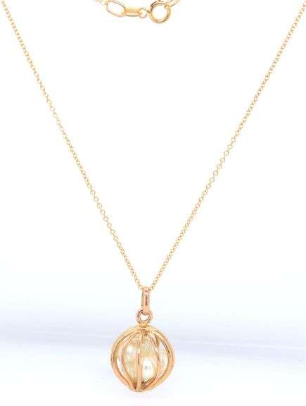 18kt Yellow gold Pearl cage charm pendant on chain