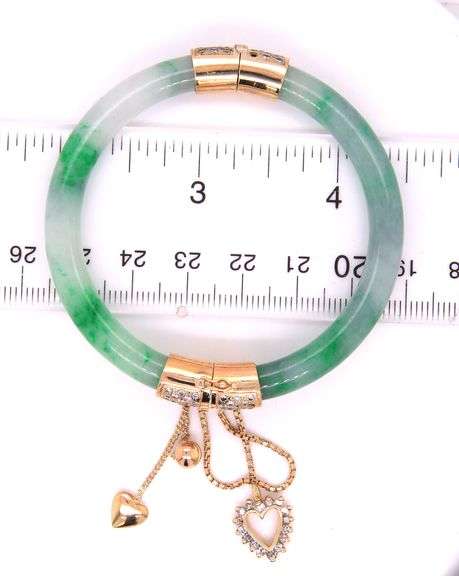14kt Yellow gold Jade and diamond accent hinged bangle bracelet