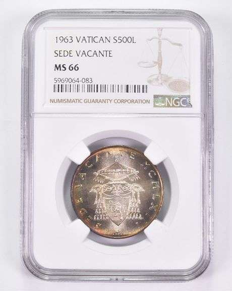 MS66 1963 Vatican 500 Lire Silver Sede Vacante NGC Toned!