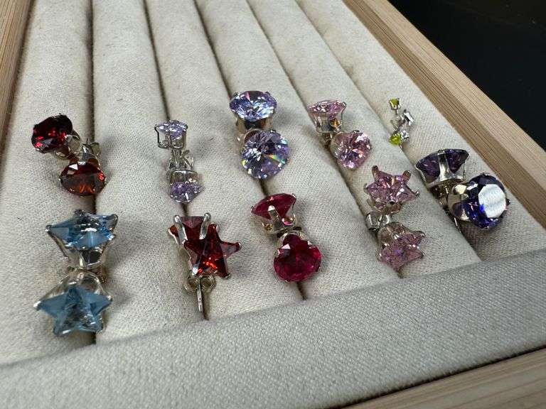 Sterling Silver CZ Earrings Lot of 10 Pairs Various Sizes and Styles