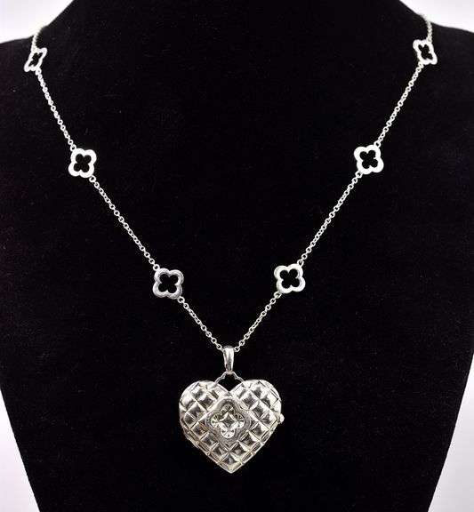 Heidi Klum Clover Quilted Heart Locket Pendant Necklace in Sterling Silver