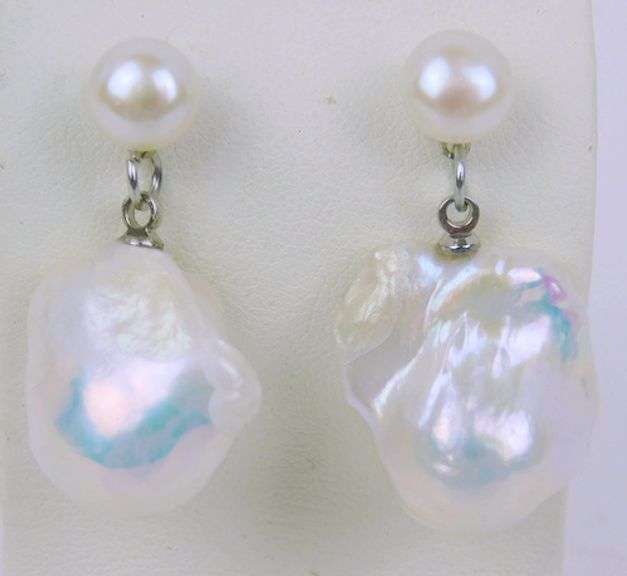 Big White Baroque Pearl Sterling Earrings