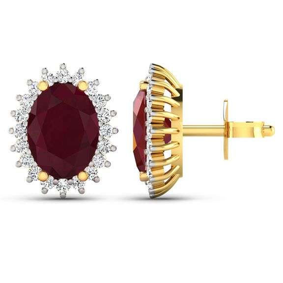14 Kt Yellow Gold Ruby Diamond Earrings