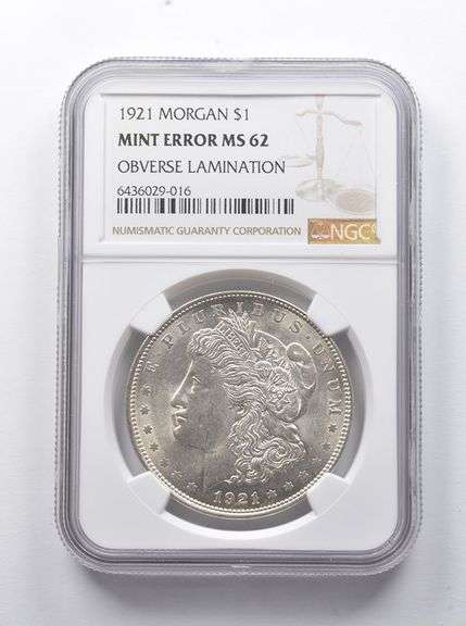 Error MS62 1921 Morgan Silver Dollar OBV Lamination NGC
