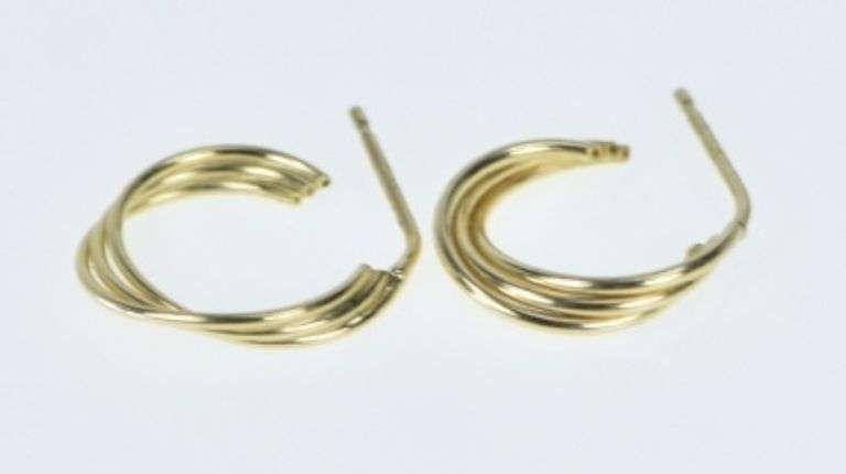 14K Yellow Gold 15mm Twist Design 3/4 Hoop Vintage Earrings