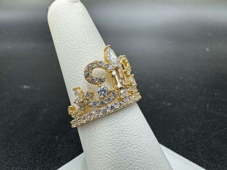 10k Yellow Gold White CZ Quinceanera 15 Anos Birthday Tiara Princess Fleur De Lis Ring Size 7