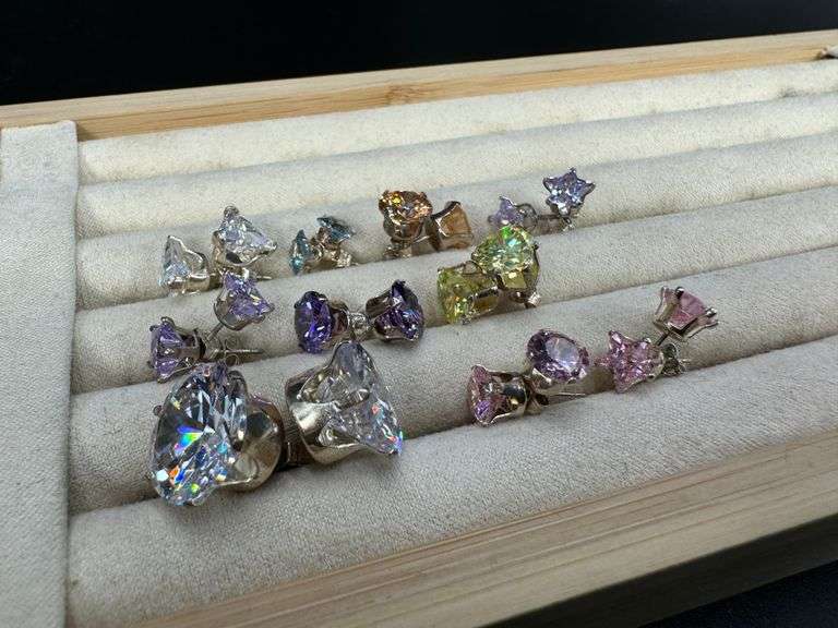 Sterling Silver CZ Earrings Lot of 10 Pairs Various Sizes and Styles