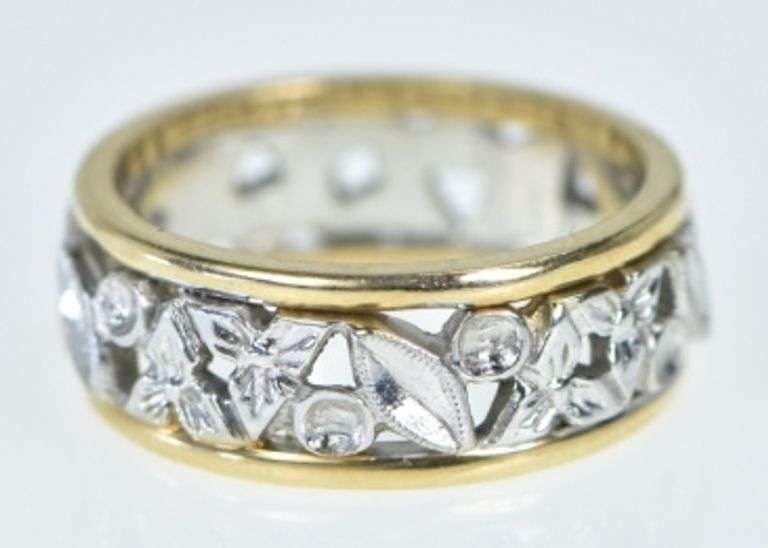 14K Yellow Gold NOS Two Tone Ornate Floral Band Ring