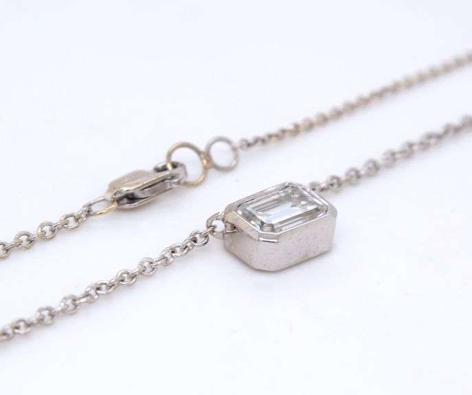 14kt White gold Emerald cut Moissanite pendant on chain