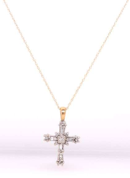 14kt Yellow gold baguette and round diamond cross pendant on chain