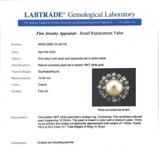 Perfect Southsea Crème Pearl 18k White Gold Ring surrounded by Diamonds