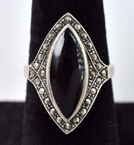 Black Onyx and Marcasite Gemstone Ring in Sterling Silver