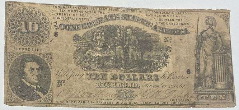 $10 Sweet Potato Pie Sept 7 1862 Series Confederate Note