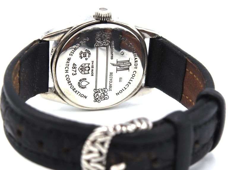 John Hardy silver woven quartz watch with black leather strap