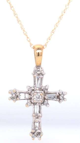 14kt Yellow gold baguette and round diamond cross pendant on chain
