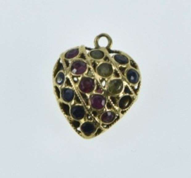 21K Yellow Gold Pave Sapphire Ruby Peridot Heart Charm/Pendant
